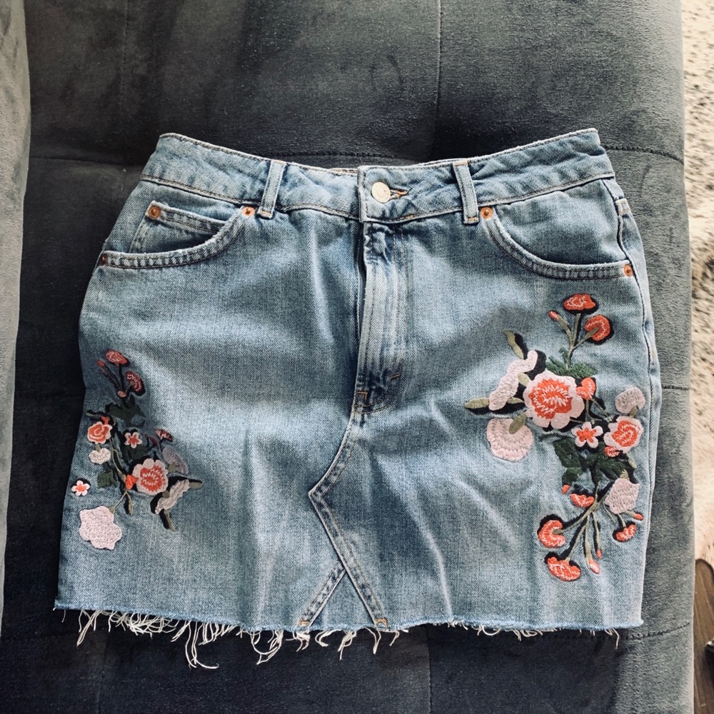 Topshop Moto Embroidered Jean Skirt